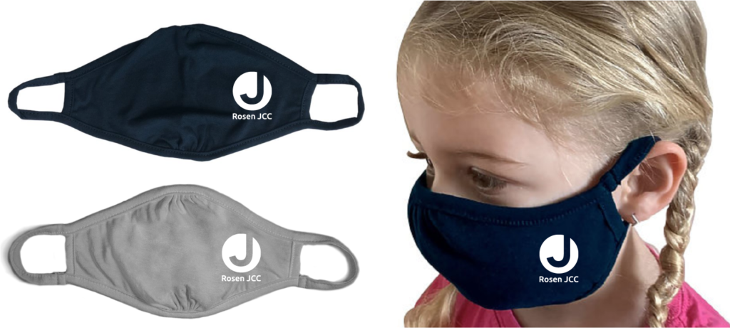 Child wearing face mask with Rosen JCC logo.